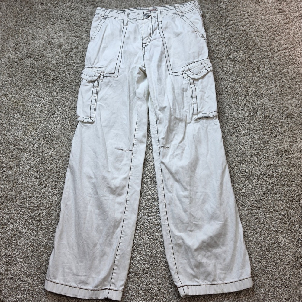 True Religion Cargo Pants Womens 27 White Cotton Contrast Stitch Y2K Wide Leg